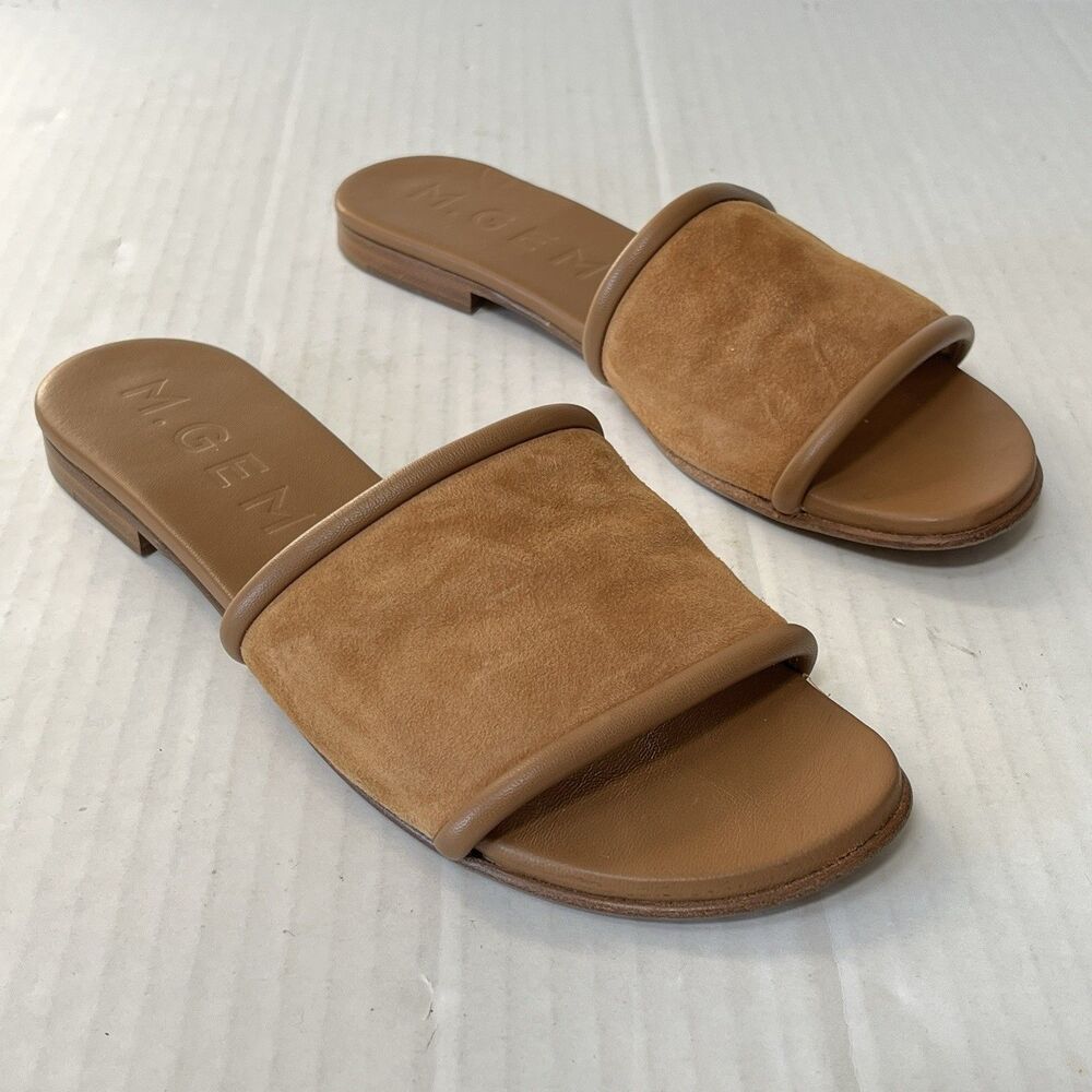 M.Gemi Slides Brown Suede With Leather Piping Size 7 Slip On Minimalist Sandals